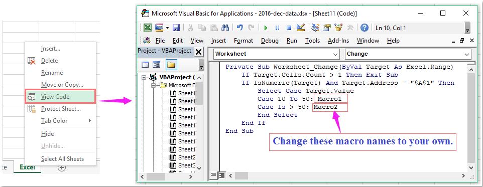 Cách chạy mã macro dựa trên giá trị ô, phạm vi ô hoặc ô thay đổi trong Excel
